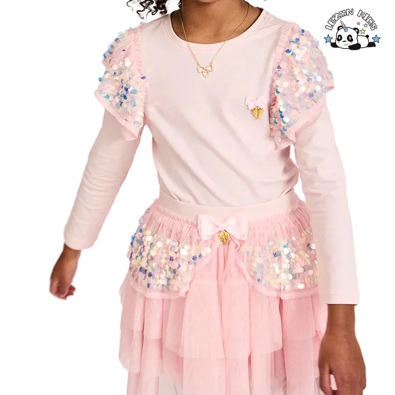 LEZONKIDS - Conjuntos de Roupas para Meninas com Estilo Americano Fashion, Top e Saia com Lantejoulas e Rede